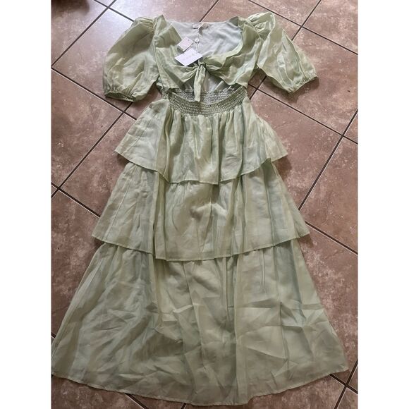 NWT WAYF M Maxi Tiered Cutout Dress Seafoam Lightweight - Picture 1 of 5